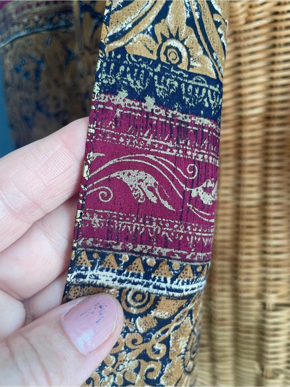 Vintage ECHO Silk Scarf Ornate Ethnic Tapestry Print Gold Burgundy Navy Blue